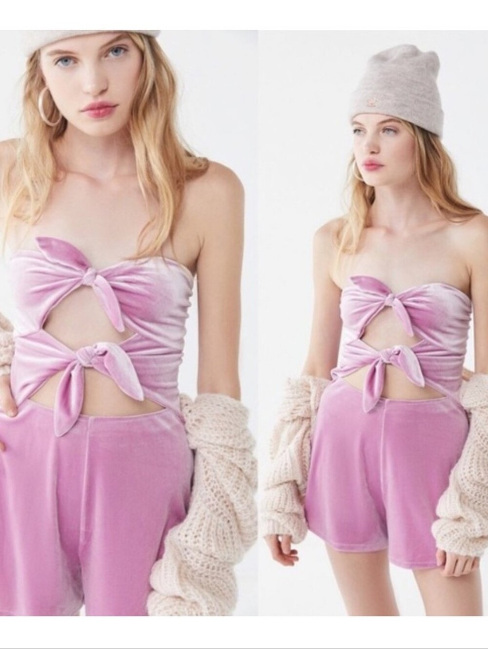 NWT Urban Outfittera Velvet Bow-Front Cut Out Tube Top Romper - Pink XS - Picture 8 of 8